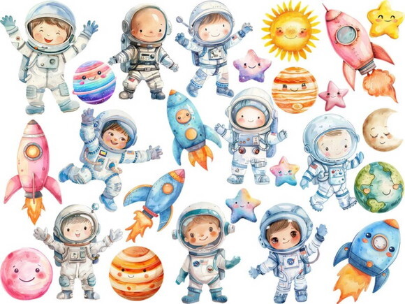 Kit Digital Astronauta Espaço Aquarela #32 Png Premium