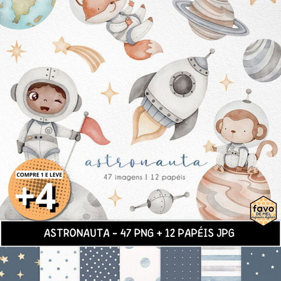 Kit Digital Astronauta Espaço Aquarela Png (pague 1 Leve 5)