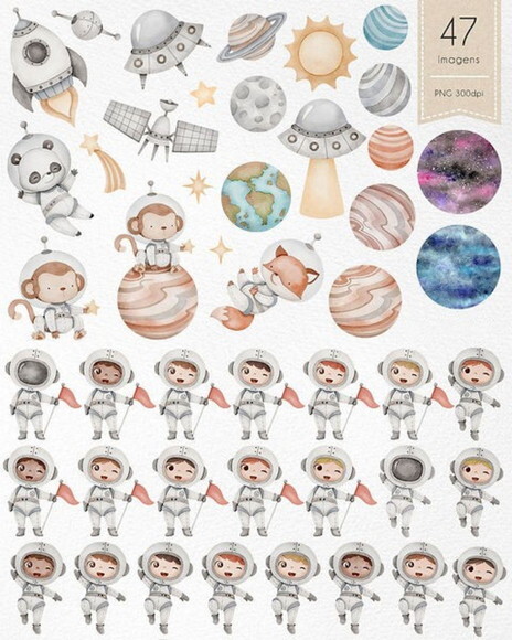 Kit Digital Astronauta Espaço Aquarela Png (pague 1 Leve 5)