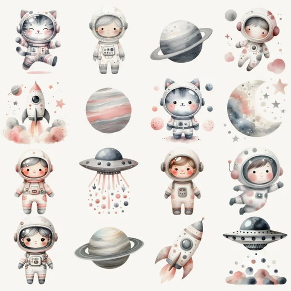 Kit Digital Astronauta Rosa Aquarela Premium - Pink Space