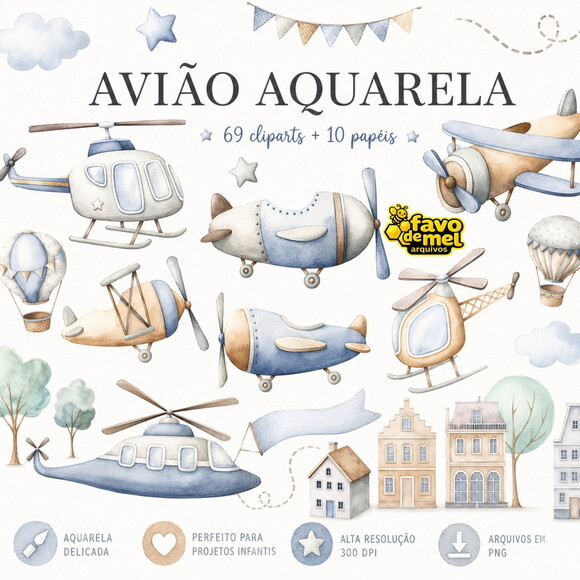 Kit Digital Avião Aquarela - Viagem Helicópteros Png