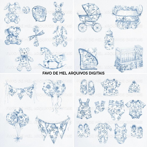 Kit Digital Baby Blue Toile - Estampa Francesa Chá de Bebê