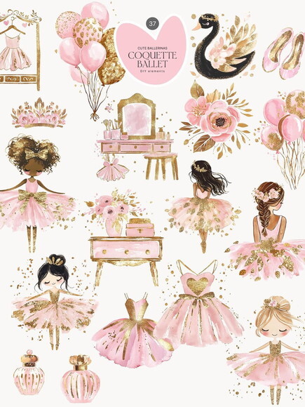 Kit Digital Bailarinas Aquarela Rosa e Dourado #19 Png