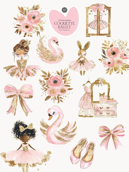 Kit Digital Bailarinas Aquarela Rosa e Dourado #19 Png