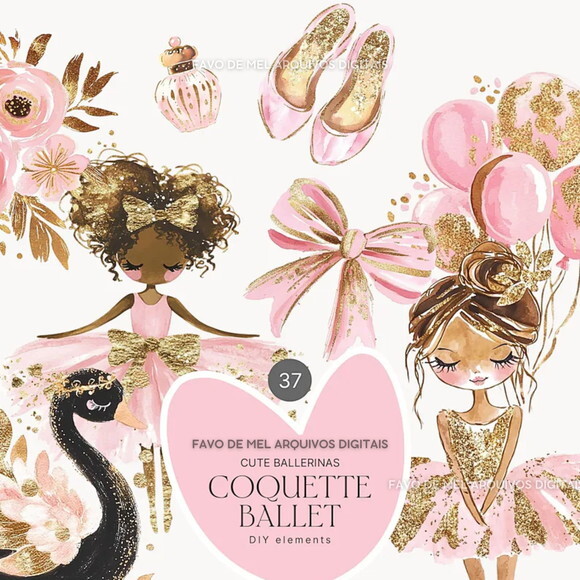 Kit Digital Bailarinas Aquarela Rosa e Dourado #19 Png