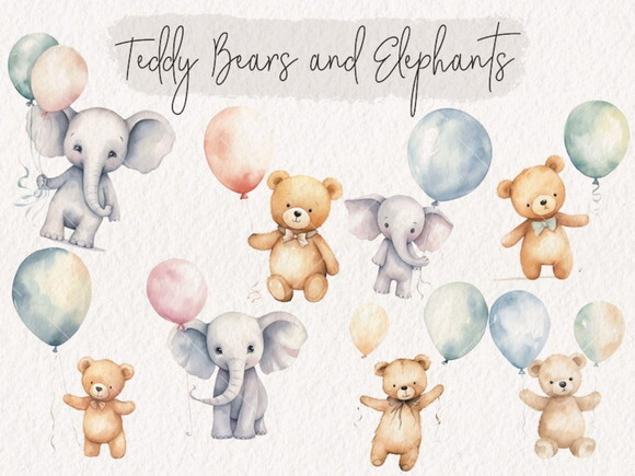 Kit Digital Balões e Animais Aquarela - Ursinho Elefante Kd