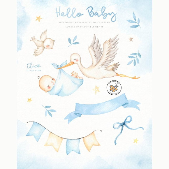 Kit Digital Bebê Cegonha Aquarela Premium - Hello Baby