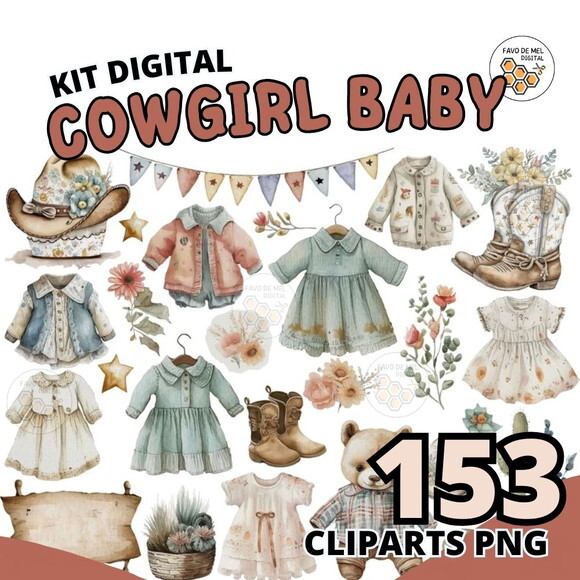 Kit Digital Bebê Cowgirl Aquarela Premium - Baby (jb)
