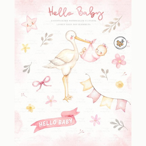 Kit Digital Bebê Menina Aquarela Premium - Hello Baby
