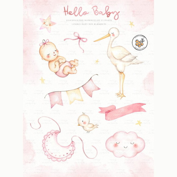 Kit Digital Bebê Menina Aquarela Premium - Hello Baby
