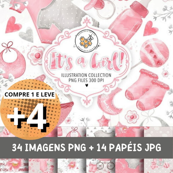 Kit Digital Bebê Menina Aquarela - Its a Girl
