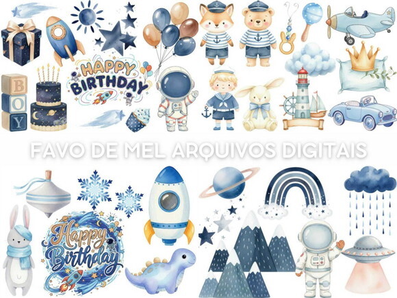 Kit Digital Bebê Menino Aniversário Chá Revelação Aquarela
