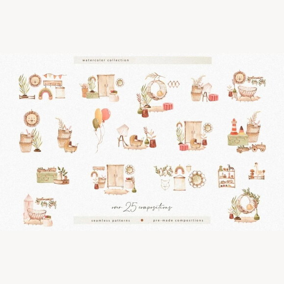 Kit Digital Berçário Chá de Bebê Boho Neutro #8 Png Aquarela