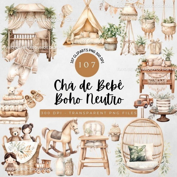 Kit Digital Berçário Chá de Bebê Boho Neutro Aquarela #9
