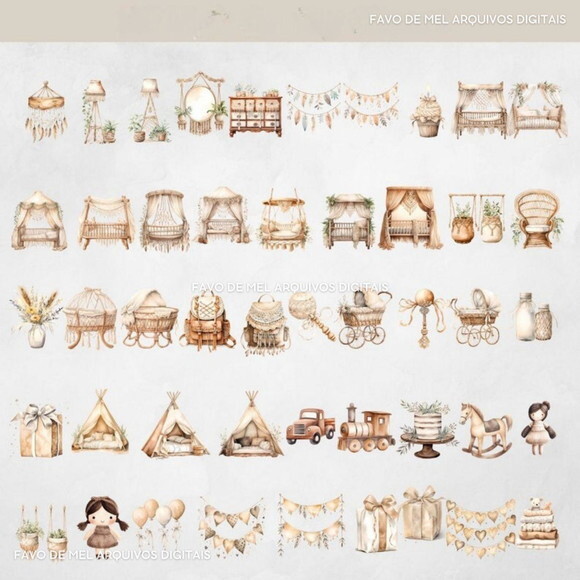 Kit Digital Berçário Chá de Bebê Boho Neutro Aquarela #9