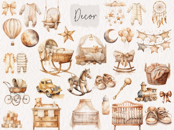 Kit Digital Berçário Chá de Bebê Neutro Aquarela Png #6