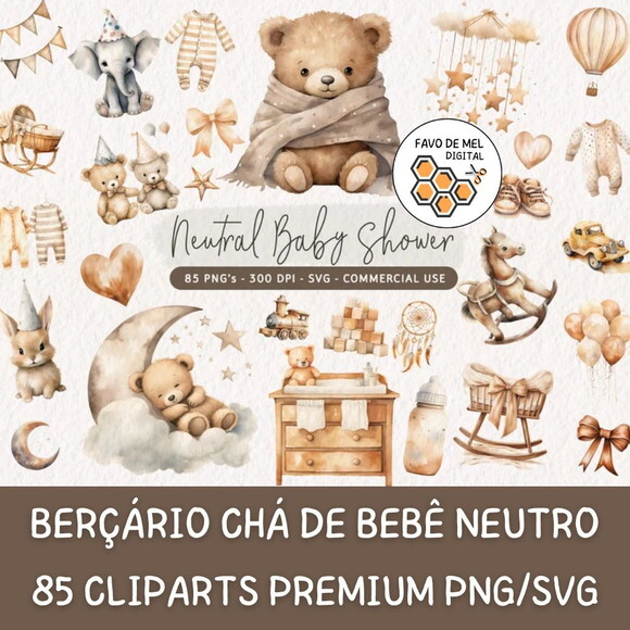 Kit Digital Berçário Chá de Bebê Neutro Aquarela Png #6
