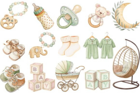 Kit Digital Berçário Chá de Bebê Verde Aquarela Png