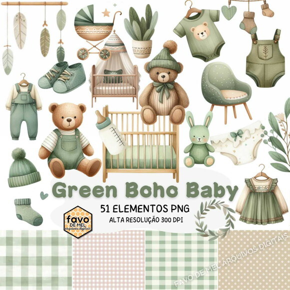 Kit Digital Berçário Chá de Bebê Verde Boho Aquarela Png #2