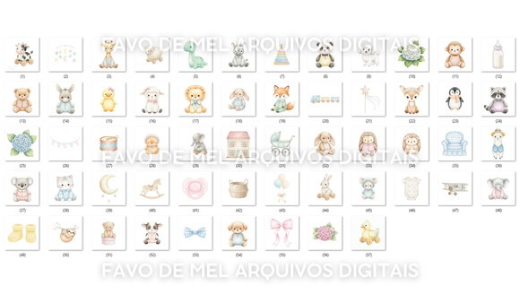 Kit Digital Bichinhos de Pelúcia - Quarto de Bebê Aquarela