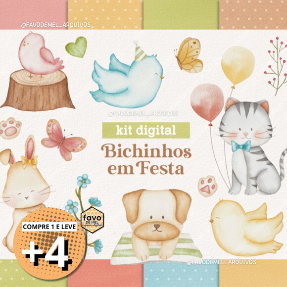 Kit Digital Bichinhos em Festa Aniversário Animais Aquarela
