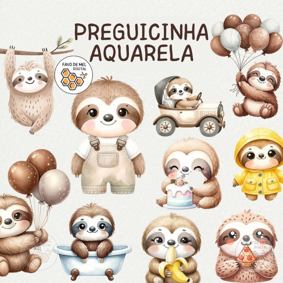 Kit Digital Bicho-preguiça Preguicinha Aquarela - Cute Sloth