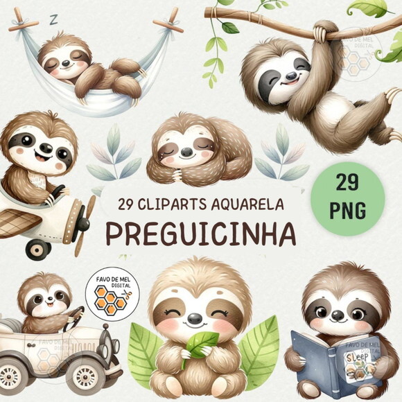 Kit Digital Bicho-preguiça Preguicinha Aquarela - Cute Sloth