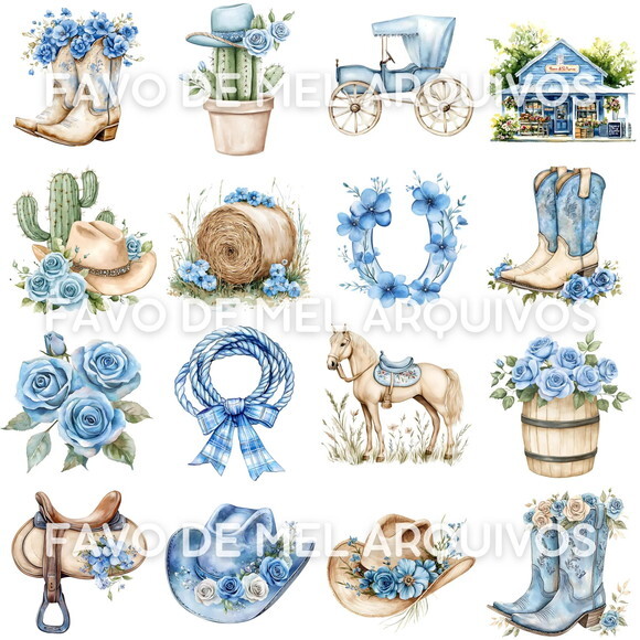 Kit Digital Boiadeira Azul Aquarela Png (pague 1 Leve 5)
