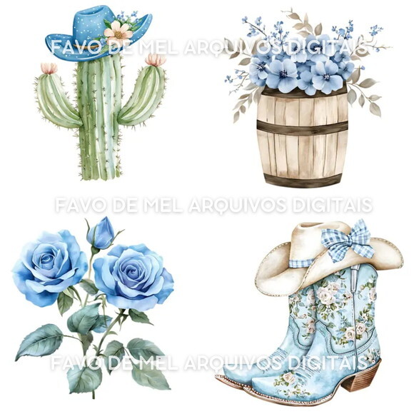 Kit Digital Boiadeira Azul Aquarela Png (pague 1 Leve 5)