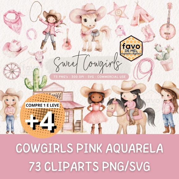 Kit Digital Boiadeira Pink Aquarela - Sweet Cowgirls Kd