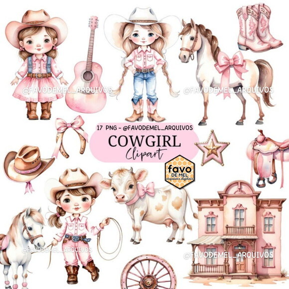 Kit Digital Boiadeira Pink Aquarela Cute Cowgirl (as)