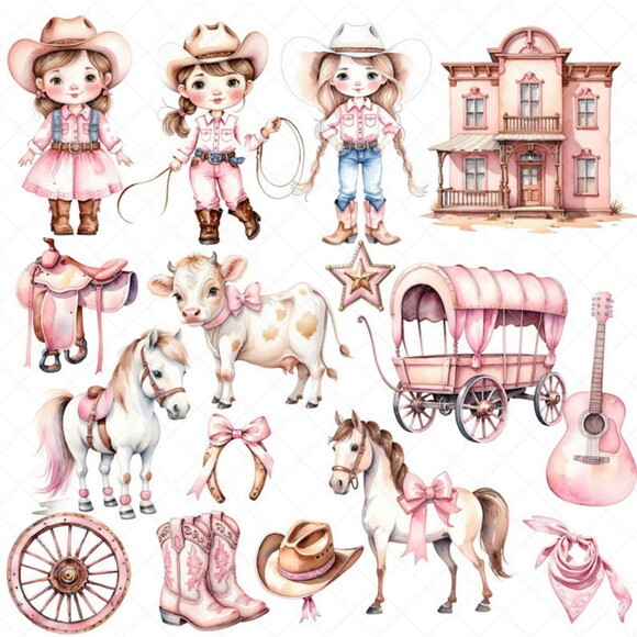 Kit Digital Boiadeira Pink Aquarela Cute Cowgirl (as)
