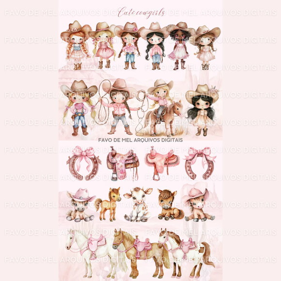 Kit Digital Boiadeira Rosa Aquarela #2 Cute Cowgirl Png