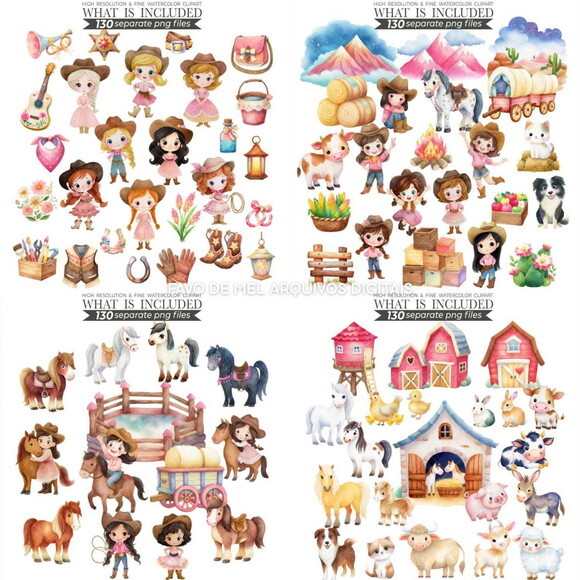 Kit Digital Boiadeira Rosa Aquarela #41 Cute Cowgirl Png