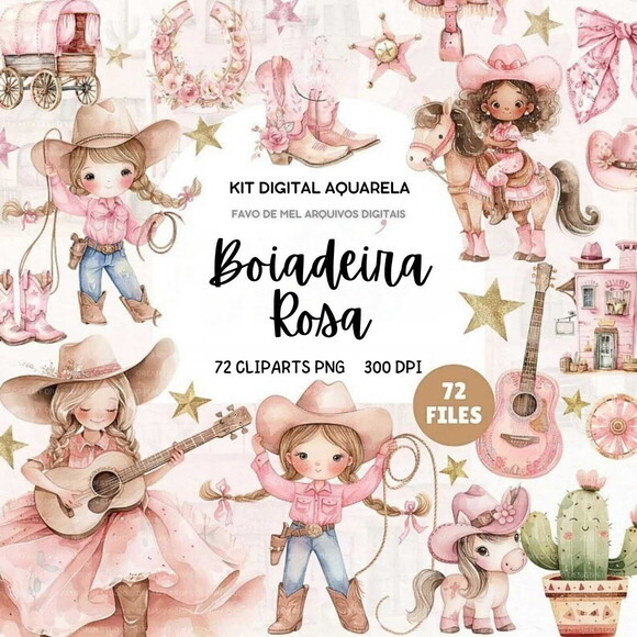 Kit Digital Boiadeira Rosa Aquarela #42 Cowgirl Pink Png