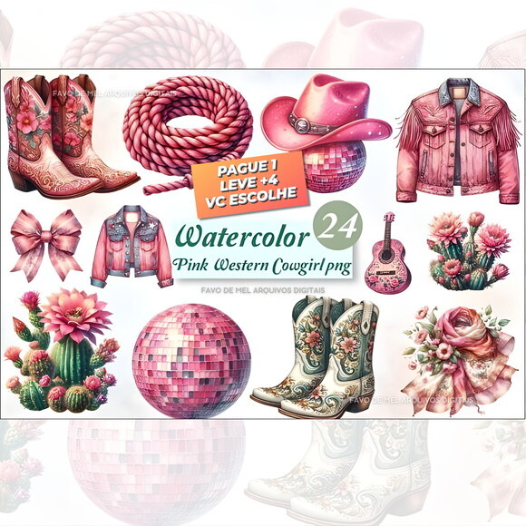 Kit Digital Boiadeira Rosa Aquarela #43 Png (pague 1 Leve 5)