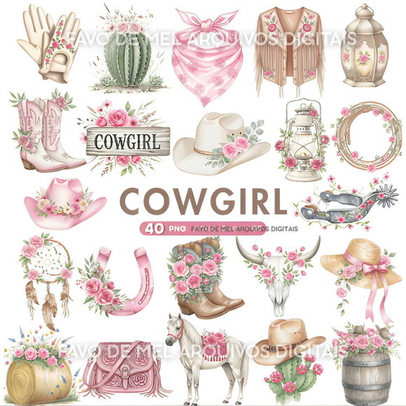 Kit Digital Boiadeira Rosa Aquarela #49 Cowgirl Png