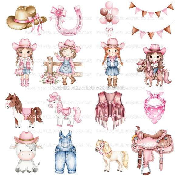 Kit Digital Boiadeira Rosa Aquarela 58 Png Premium (dz)