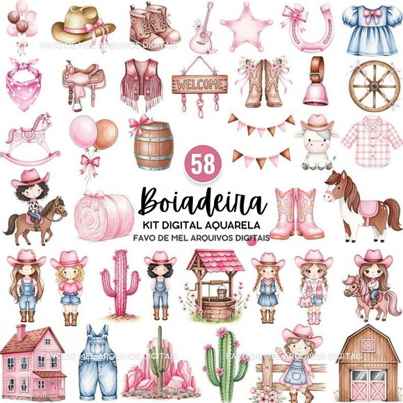 Kit Digital Boiadeira Rosa Aquarela 58 Png Premium (dz)