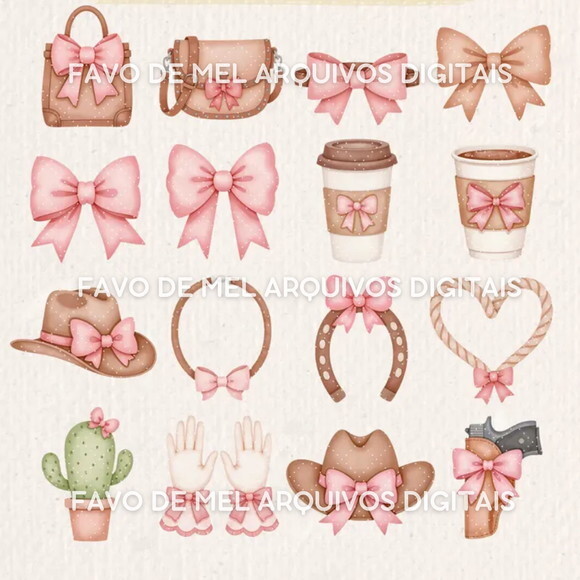 Kit Digital Boiadeira Rosa Aquarela Acessórios Bota Chapéu