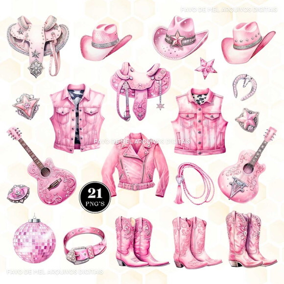 Kit Digital Boiadeira Rosa Aquarela Png Premium