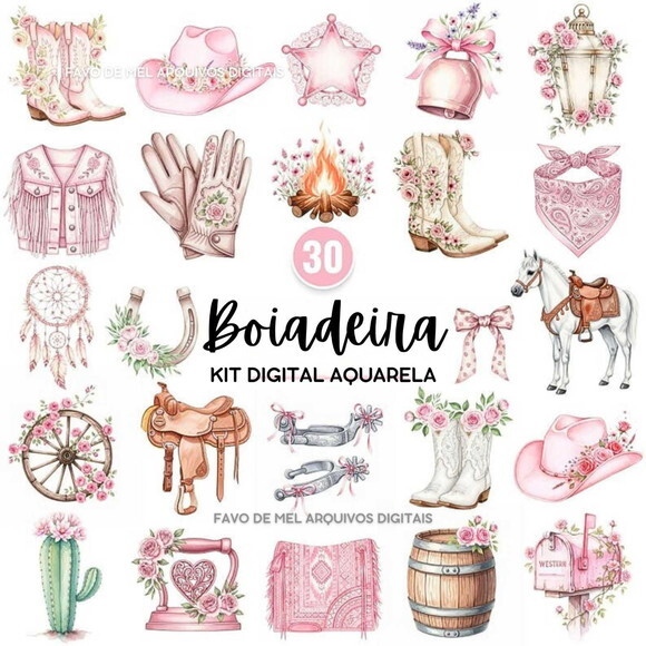 Kit Digital Boiadeira Rosa Aquarela Png Premium (dz)