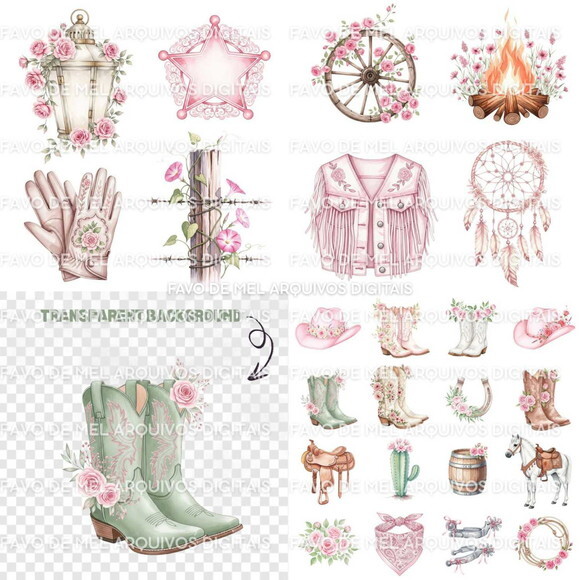 Kit Digital Boiadeira Rosa Aquarela Png Premium (dz)