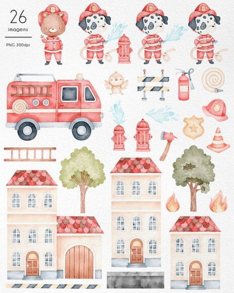 Kit Digital Bombeiros Aquarela Png #03 (pague 1 Leve +4)