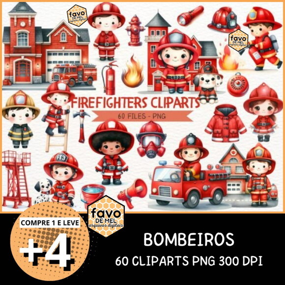 Kit Digital Bombeiros Cute Aquarela #04 Png (pague 1 Leve +4