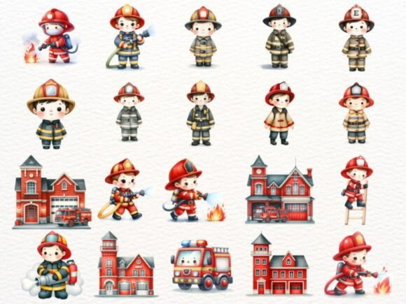 Kit Digital Bombeiros Cute Aquarela #04 Png (pague 1 Leve +4