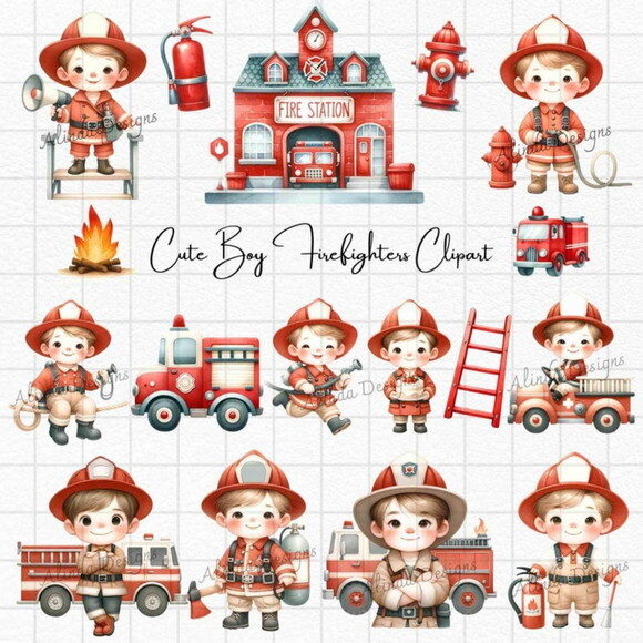 Kit Digital Bombeiros Cute Aquarela #07 (pague 1 Leve +4)