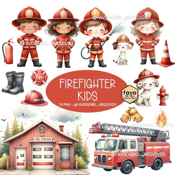 Kit Digital Bombeiros Cute Aquarela Premium Png #08