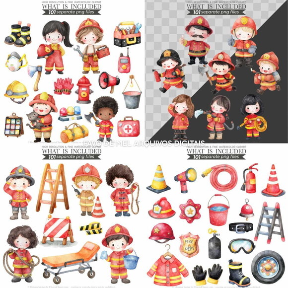 Kit Digital Bombeiros Cute Aquarela Premium Png #14