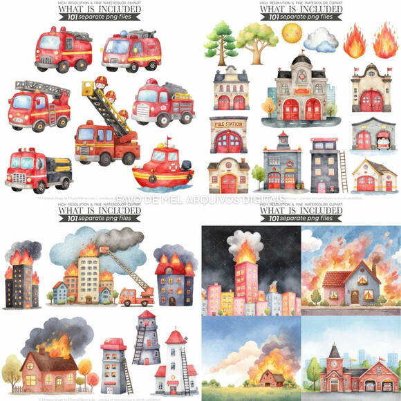 Kit Digital Bombeiros Cute Aquarela Premium Png #14